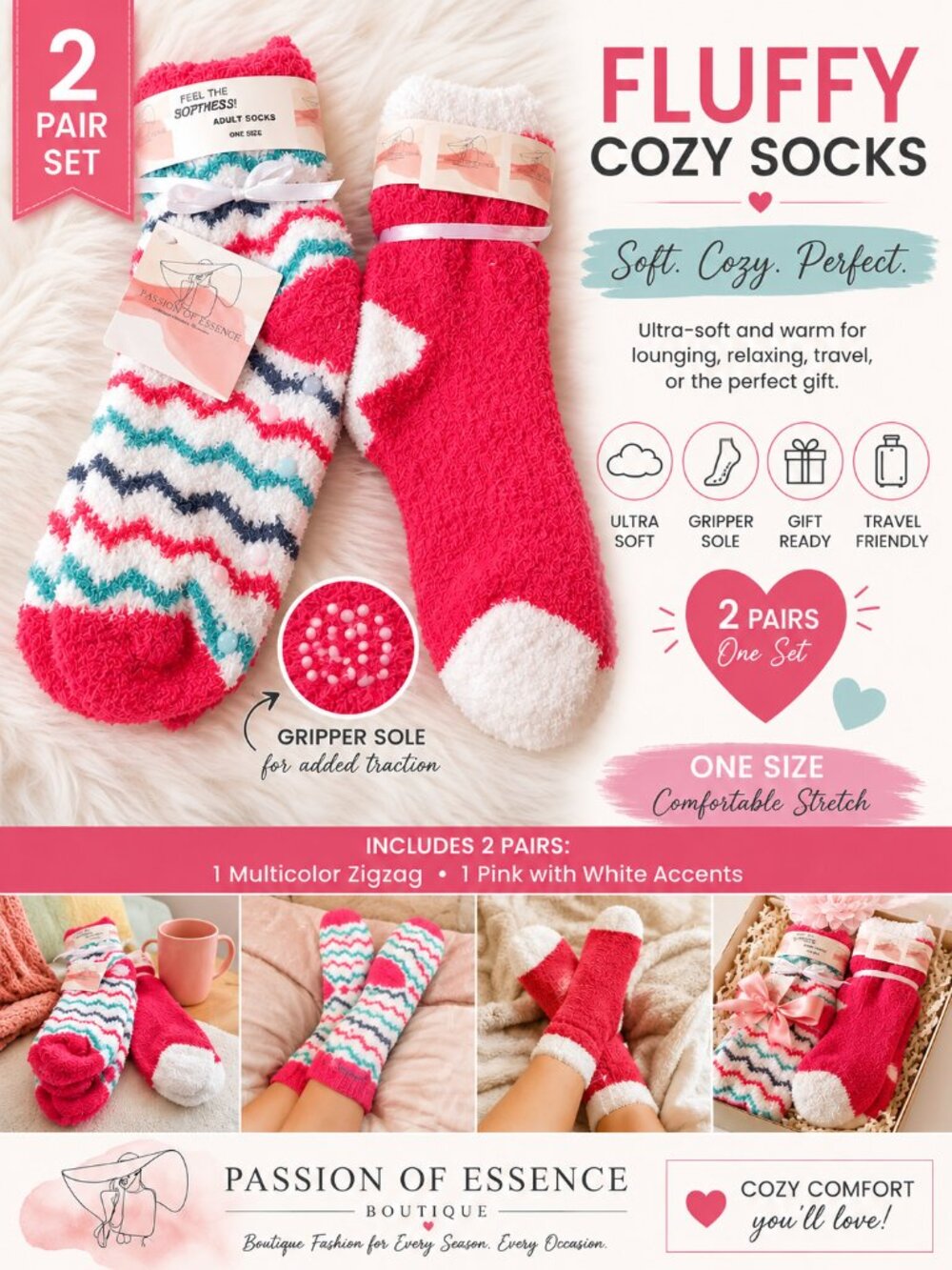 2 Pair Women’s Fluffy Cozy Gripper Socks Pink Multicolor Fuzzy Lounge Socks